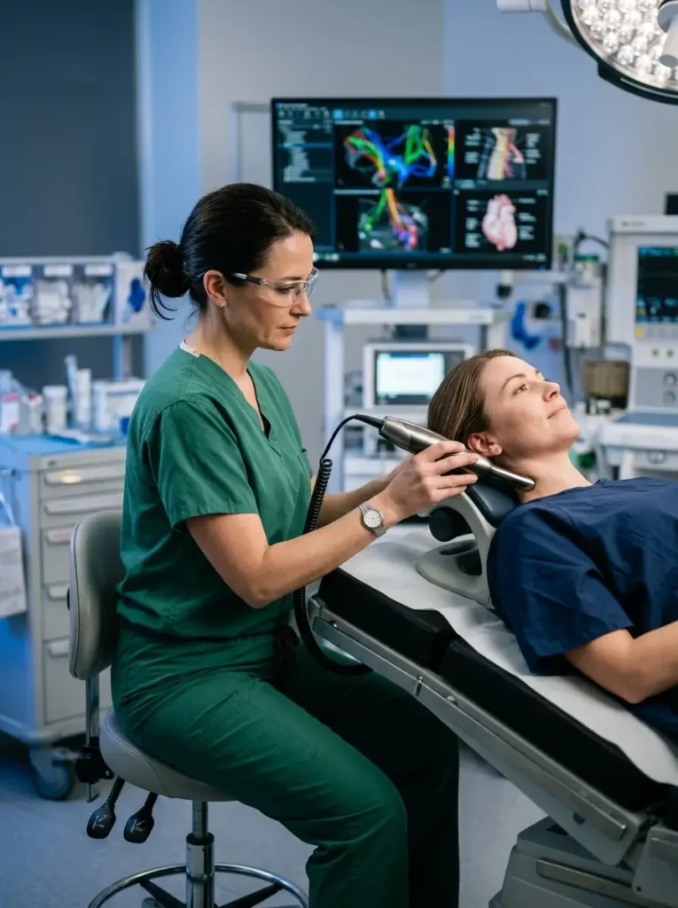 A compassionate female pain specialist gently palpating a patient's neck and cervical spine to diagnose targeted pain solutions in a state-of-the-art medical clinic.