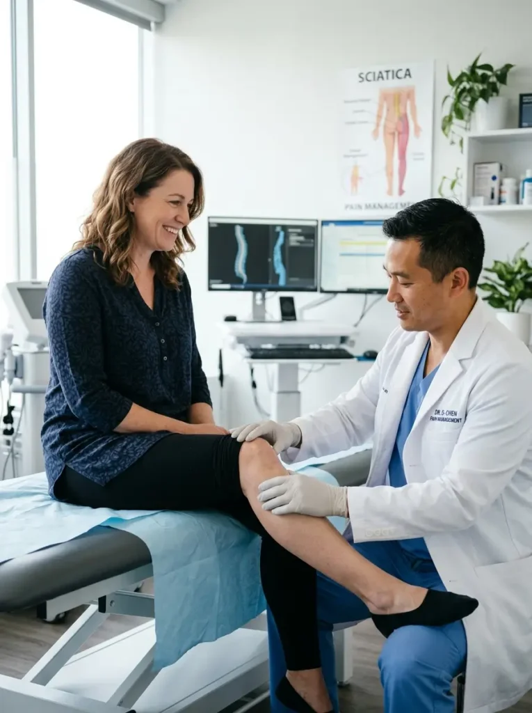 A female patient having her leg and knee examined by a pain specialist in a clinical setting, representing targeted relief for sciatica and leg pain for Arlington, TX residents