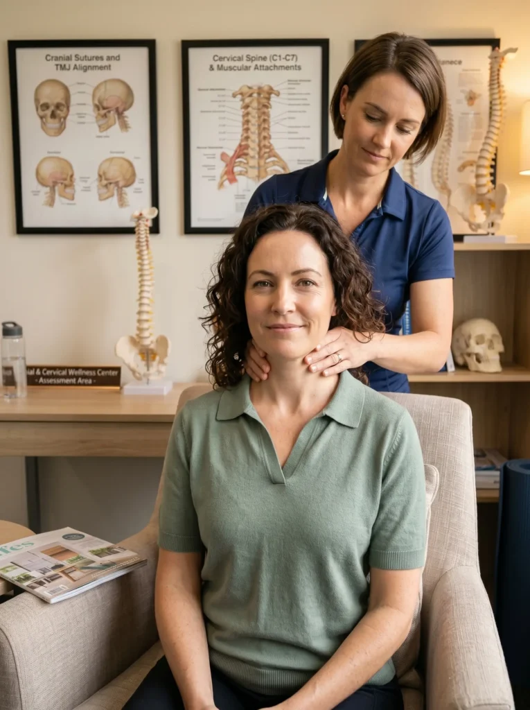 A female patient receiving a cranial and cervical wellness assessment from a pain management specialist, representing head and neck pain relief for Arlington, TX residents.