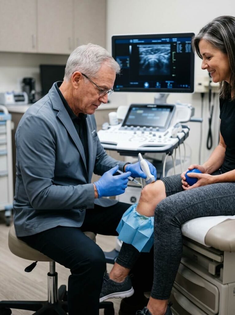 A friendly, board-certified pain management doctor in a white coat examining a smiling female patient's knee and lower leg to treat joint pain and neuropathy.