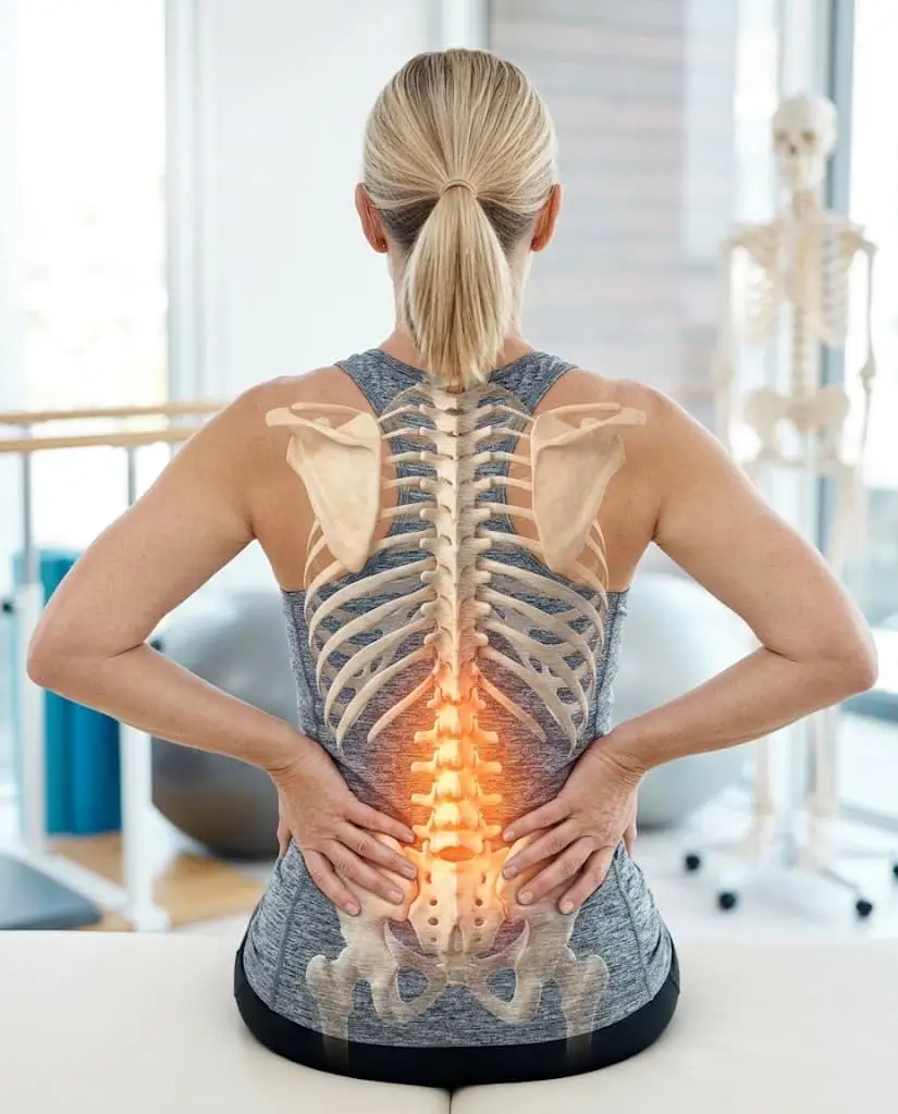 A human spine skeletal model on a female patient, for diagnostic focus. Bedford