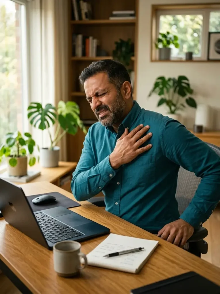A middle-aged professional working at a home office desk, wincing and clutching his mid-back to illustrate the debilitating thoracic and rib pain treated by our specialists.