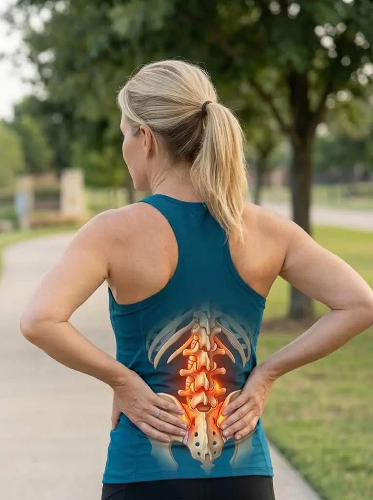 A realistic photo of an Frisco, TX resident woman with a blonde ponytail holding her lower back on an outdoor trail. A detailed medical illustration cross-section visualization seamlessly over her back highlights lumbar nerve impingement and arthritic wear