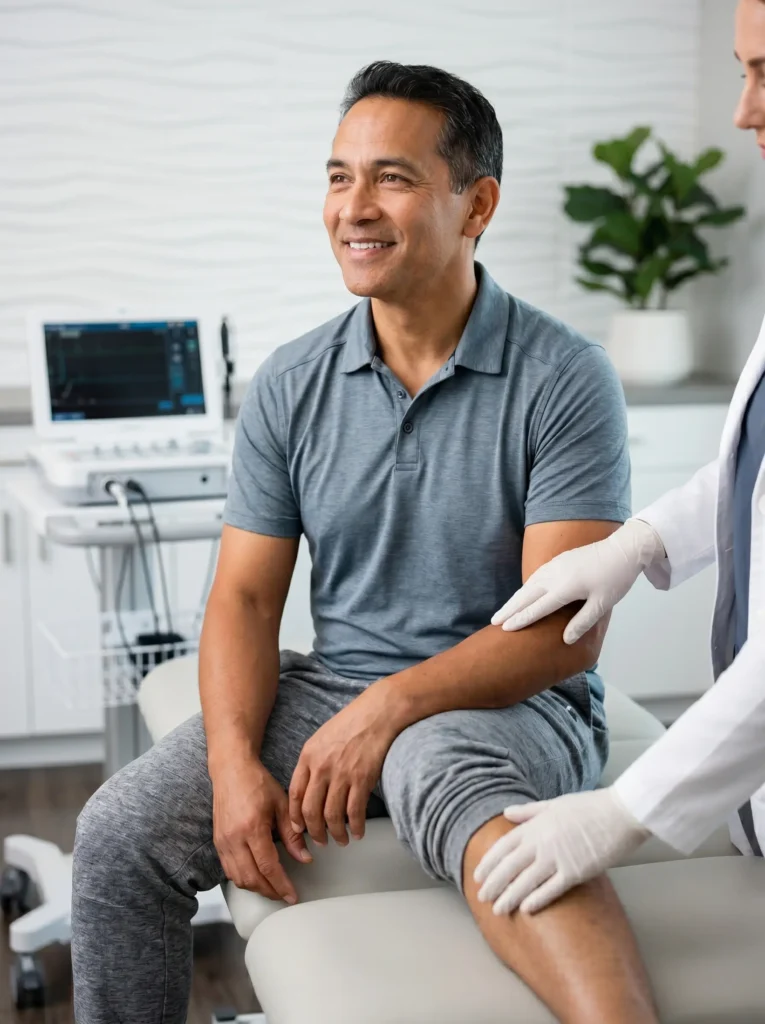 A-smiling-male-patient-sitting-comfortably-on-an-examination-table-while-a-medical-specialist-examines-his-knee-at-a-modern-pain-management-clinic near little elm tx