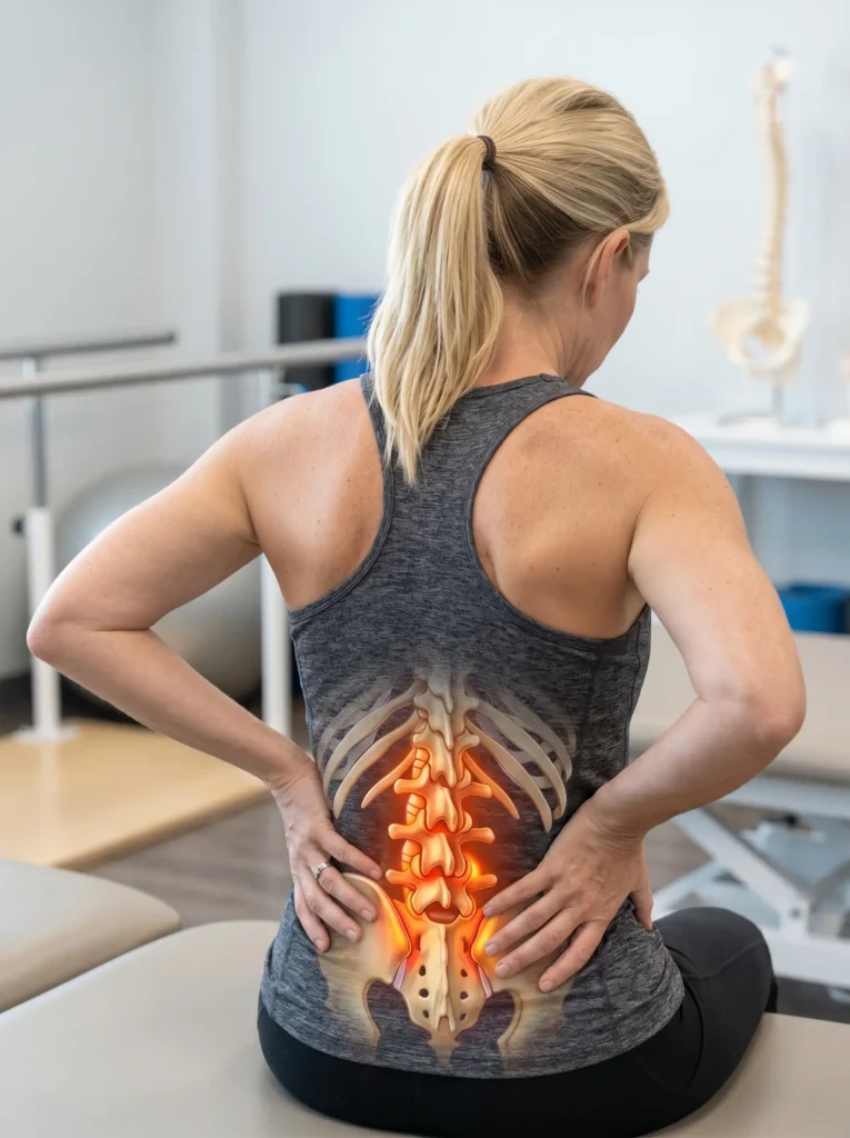 A woman sitting in a clinical setting holding her lower back, with an anatomical graphic showing lumbar spine inflammation, representing Arlington, TX patients seeking relief from spinal and arthritic pain.