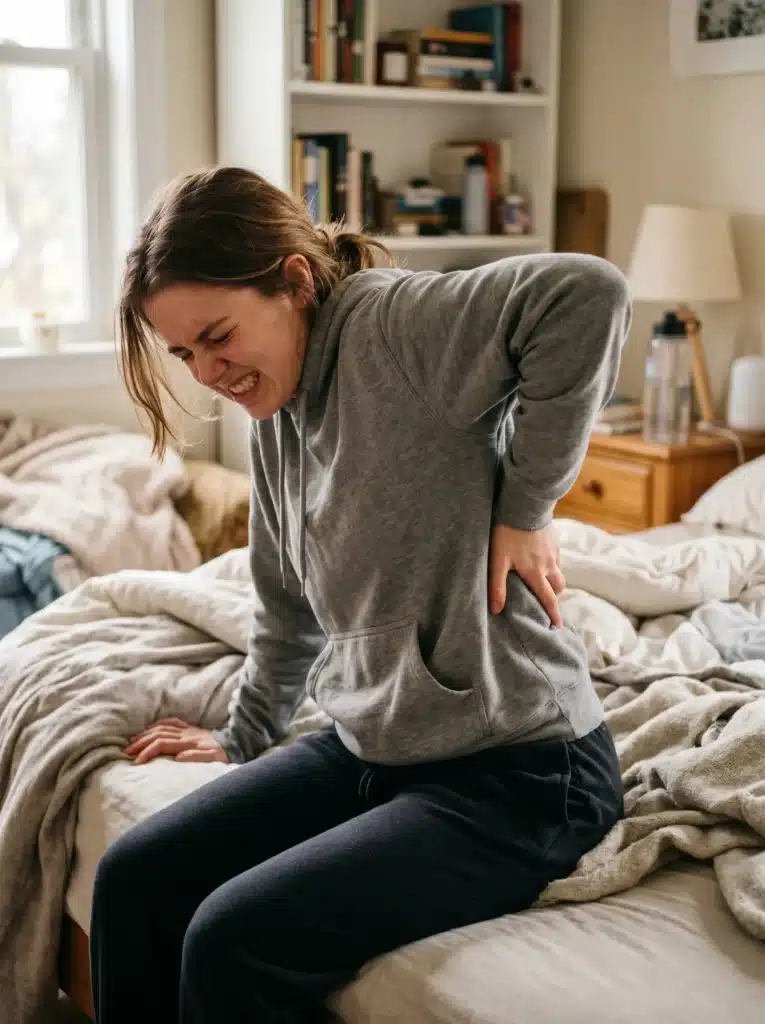 A young woman sitting on her bed wincing in discomfort, representing Arlington, TX patients seeking relief for chronic mid-back and thoracic spine pain.