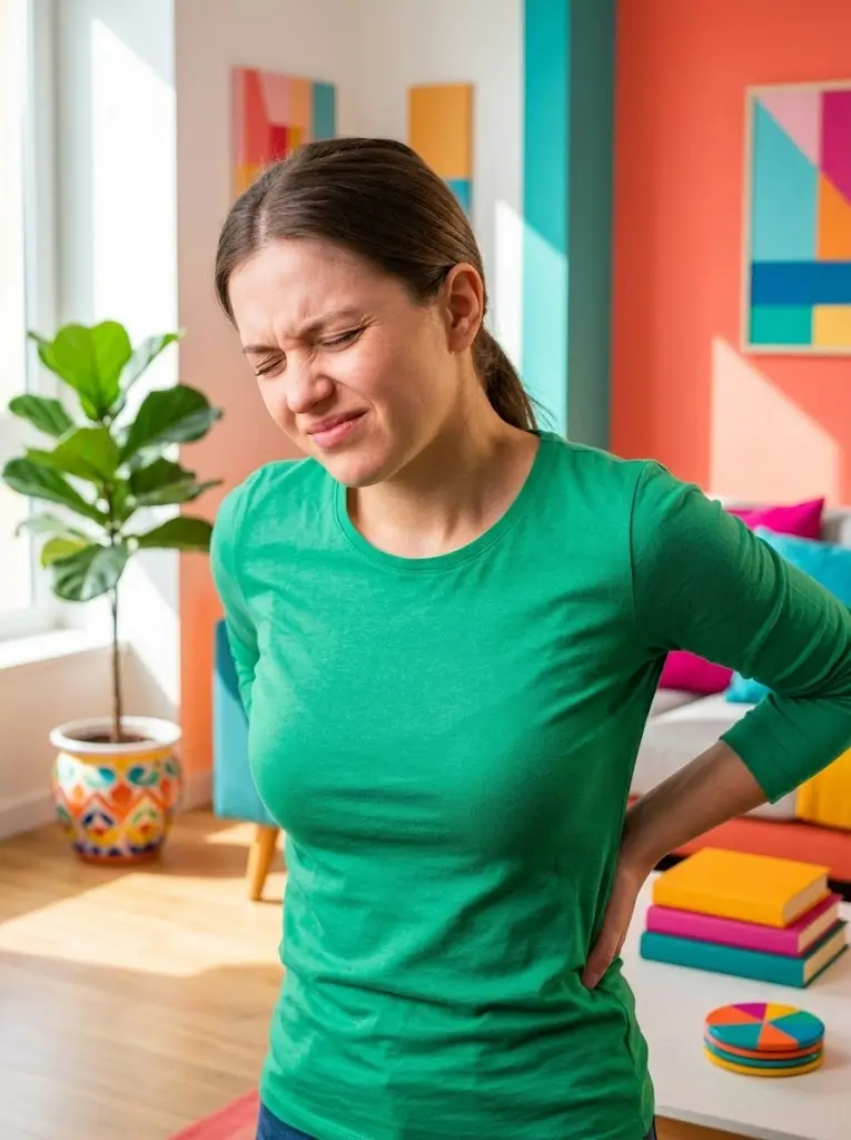 Photograph of a woman with a painful expression holding her mid-back in a sunlit, colorful loft apartment, used to illustrate thoracic pain on a frisco tx medical page