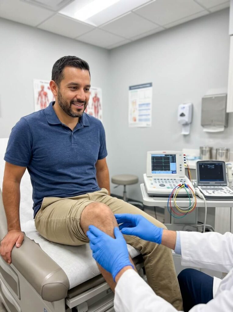Photograph in a modern clinic exam room showing a patient having his leg examined by a doctor (hands only visible in gloves), with visible diagnostic equipment like an EMG machine, illustrating targeted limb care