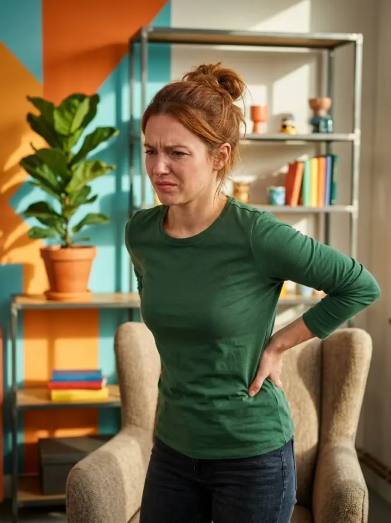 Photograph of a woman with a painful expression holding her mid-back in a sunlit, colorful loft apartment, used to illustrate thoracic pain on a West Plano medical page