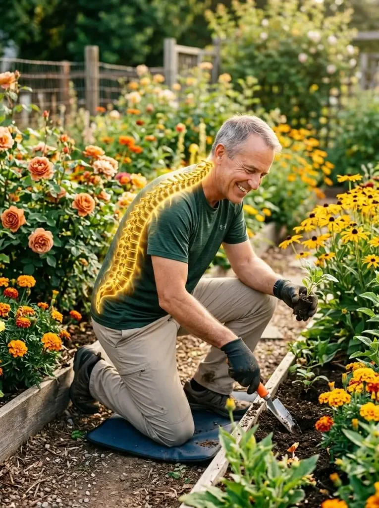 An active older man gardening comfortably in Hurst TX, with a conceptual golden overlay showing a healthy, aligned, pain-free spine.