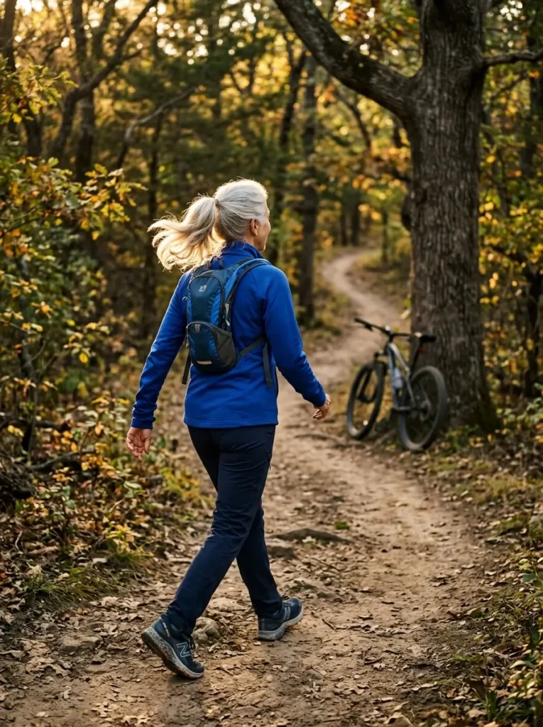 An active senior woman viewed from behind on a nature trail, featuring an anatomical 3D overlay highlighting inflammation in her lower lumbar spine and sacroiliac joints.