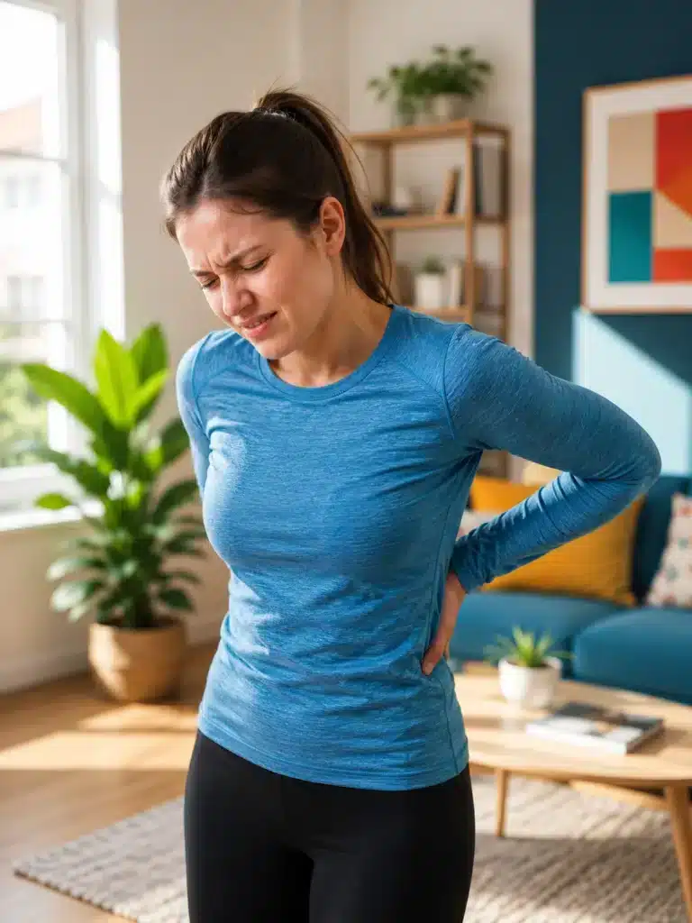 Woman in a blue athletic top grimacing and pressing her lower back while standing in a bright modern living room with plants and contemporary decor.