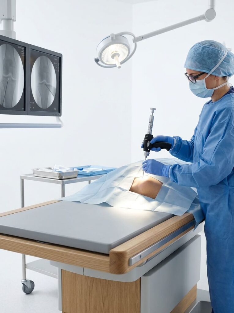 Board-certified pain management physician performing a localized, minimally invasive procedure for arm and leg nerve pain