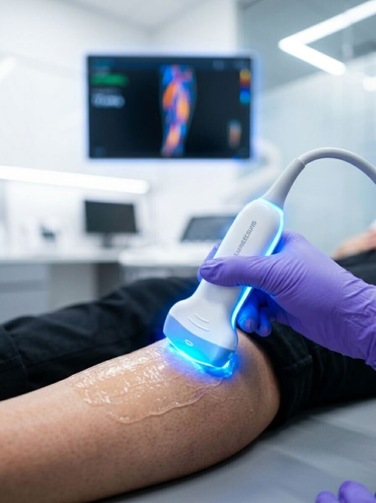 Board-certified pain management specialist performing a high-definition ultrasound examination on a patient's leg for precise vascular and neurological diagnosis