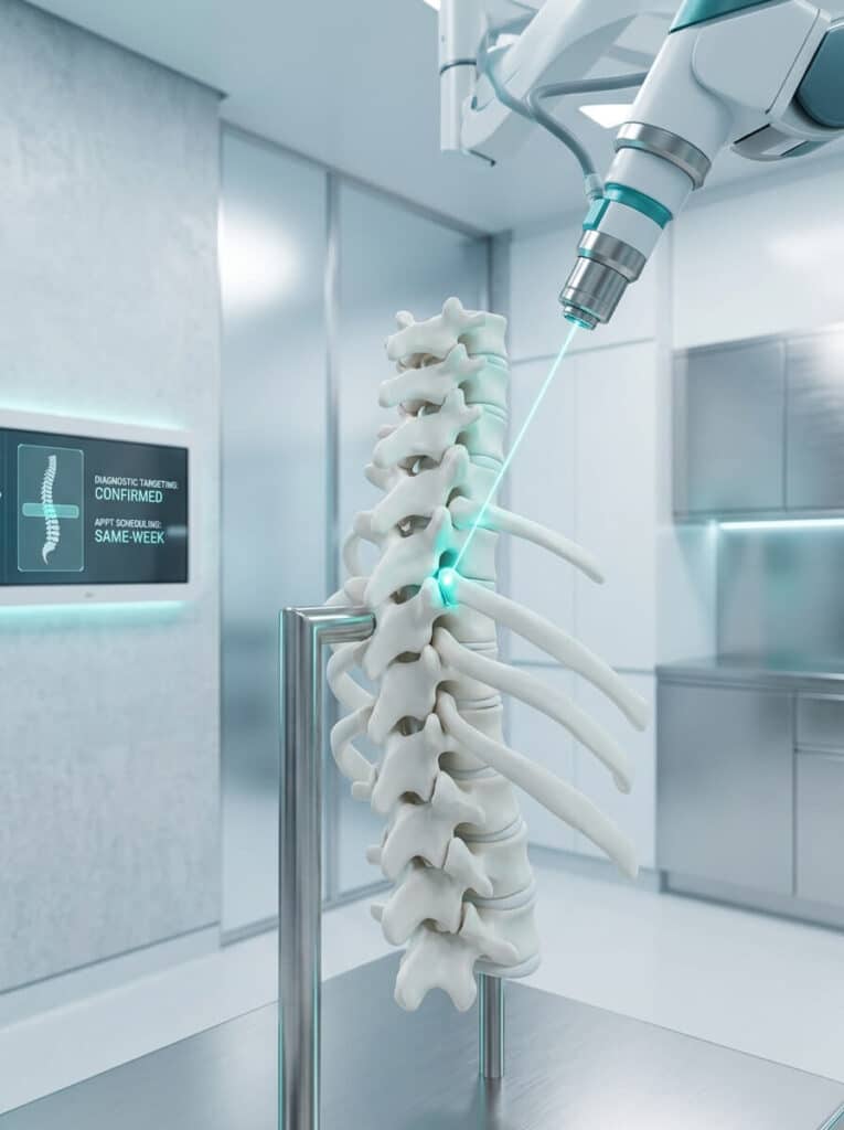 Close-up of an advanced medical laser targeting a specific rib-facet joint on a high-tech anatomical model of a human thoracic spine in a modern clinic