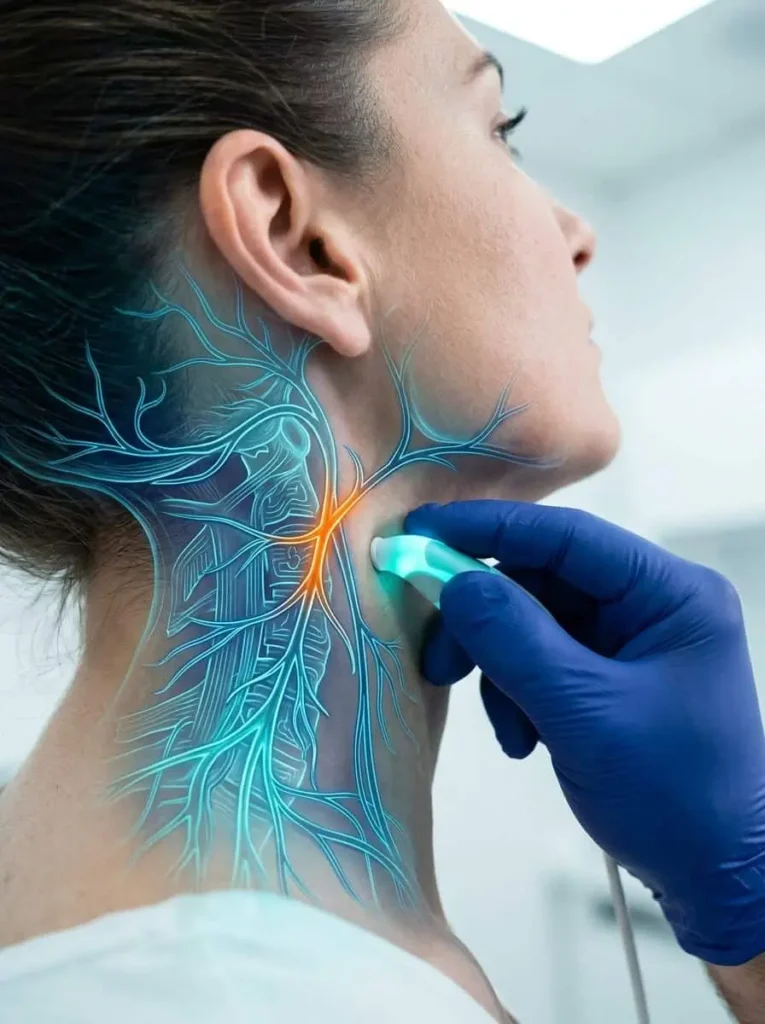 Close-up-of-an-interventional-specialist-performing-advanced-cervical-nerve-mapping-on-a-patients-neck-for-migraine-and-headache-relief hurst tx