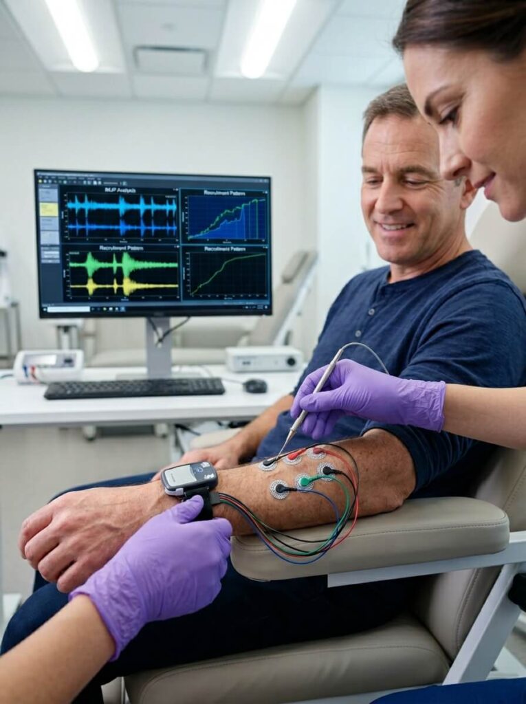 Close-up of electromyography (EMG) sensors placed on a patient's limb for precise nerve conduction diagnostics and neuropathy treatment