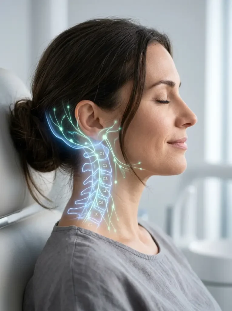Conceptual visualization of advanced cervical nerve mapping, showing a relaxed female patient experiencing high-tech, non-surgical relief for chronic neck pain and migraines