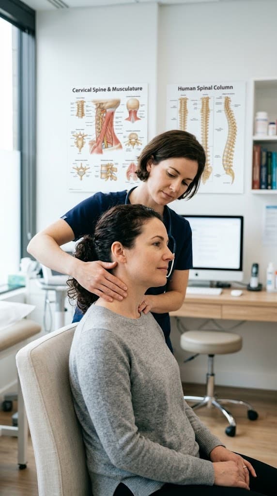 A vertical photograph showing a compassionate female physician in navy scrubs gently palpating the neck of a seated female patient. The patient is looking forward calmly. In the background of the medical office, detailed but unlabeled anatomical charts of the human spine are visible.