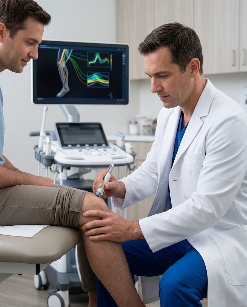Doctor performing a diagnostic ultrasound on a male patient's knee.