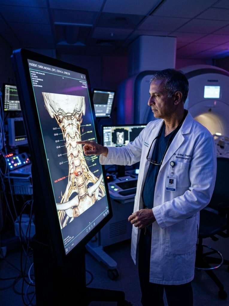 Interventional pain specialist analyzing a digital cervical spine scan for neck and migraine treatments.