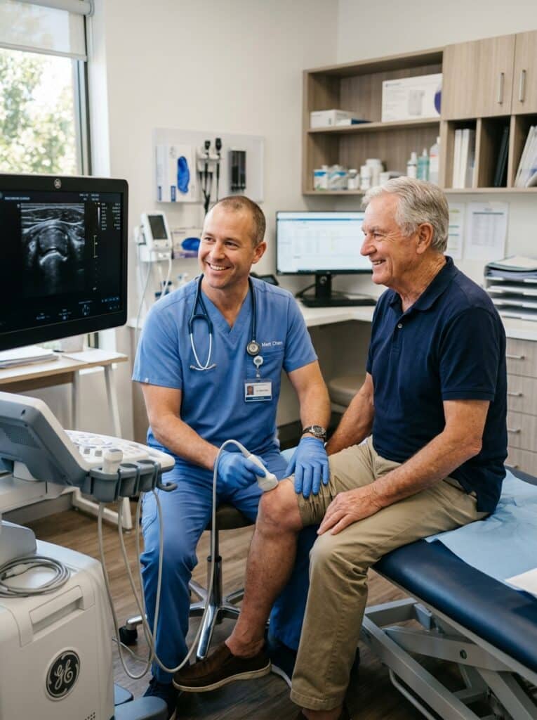 Board-certified doctor performing a comfortable, non-invasive ultrasound exam on a patient's leg.