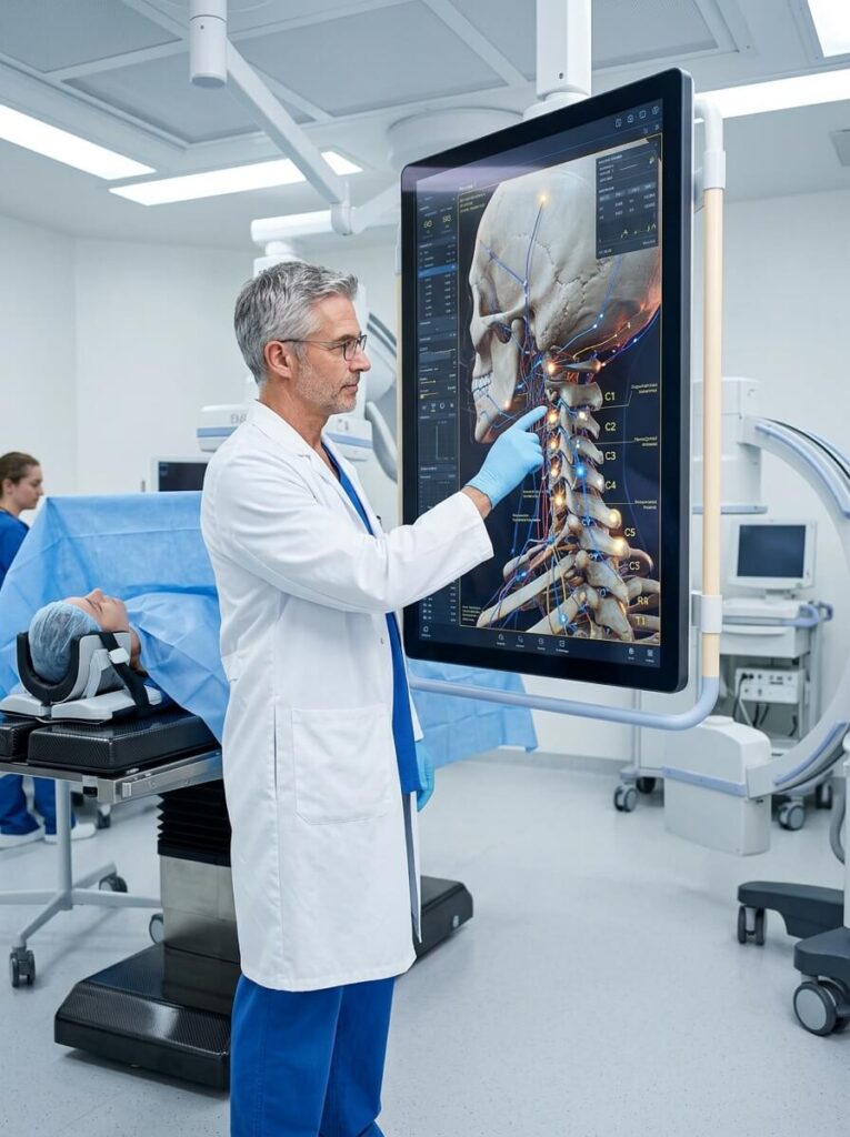 Dr. Muhammad Arif with a large, high-definition touch screen displaying a complex 3D neurological and skeletal map of the skull and neck for cranial and cervical diagnosis in a West Plano clinic