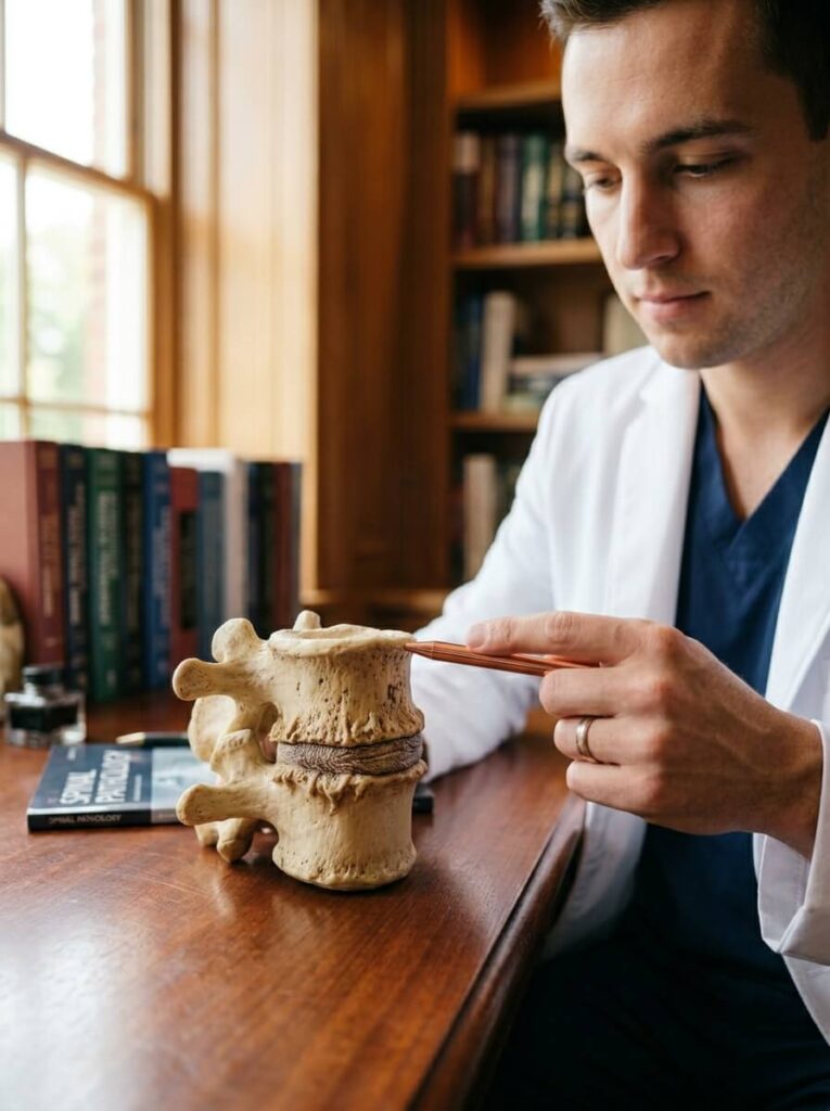 Doctor pointing to a degenerative disc on a detailed 3D anatomical model of a lumbar spine in a medical office.