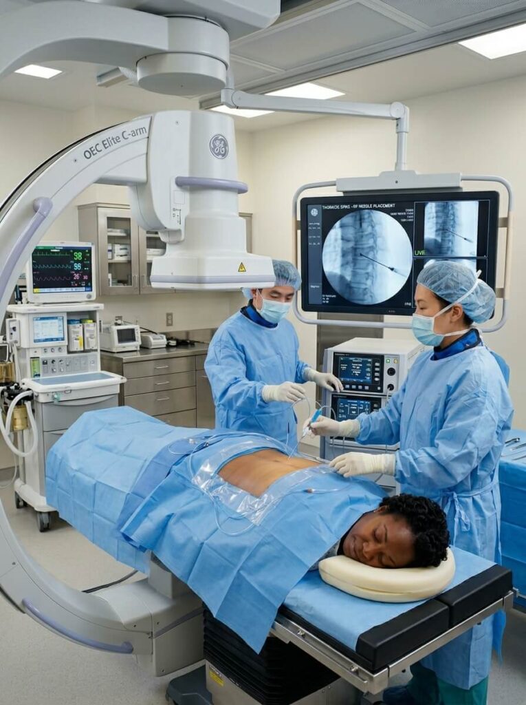 Board-certified pain management specialists performing a precise, image-guided radiofrequency ablation procedure in a modern clinical setting