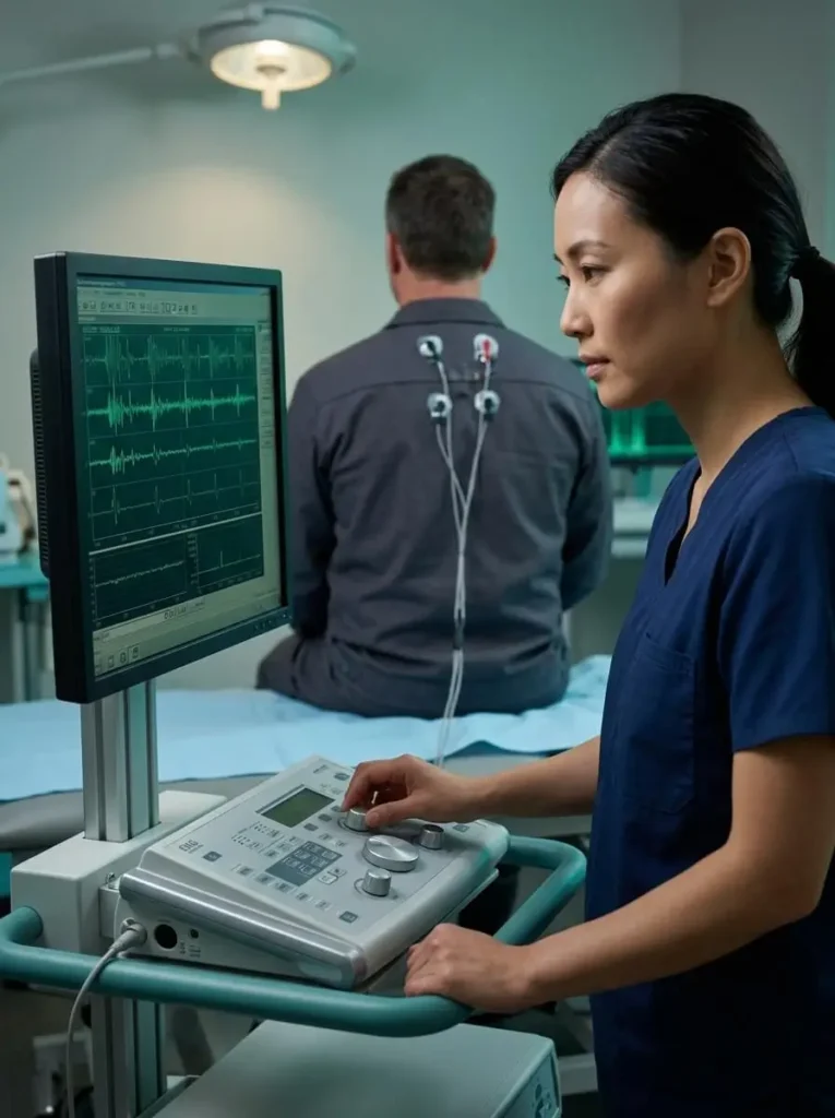 Female medical technician operating an advanced Electromyography (EMG) console to accurately diagnose a patient's mid-back pain without surgery Parker TX