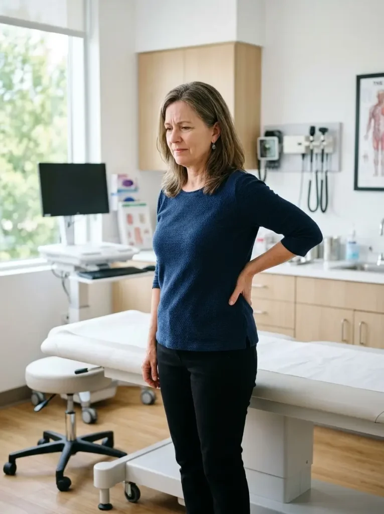 Female patient experiencing mid-back and thoracic pain seeking relief in a medical clinic.