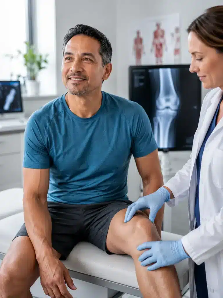 Smiling middle-aged man sitting on an examination table while a healthcare professional wearing gloves performs a leg and knee assessment in a modern medical clinic.