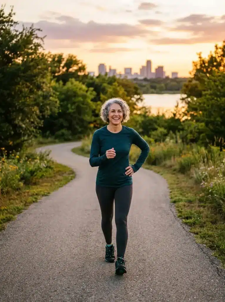 Healthy, active older adult walking confidently on a scenic park trail in Irving, Texas, enjoying a pain-free lifestyle after spine treatment