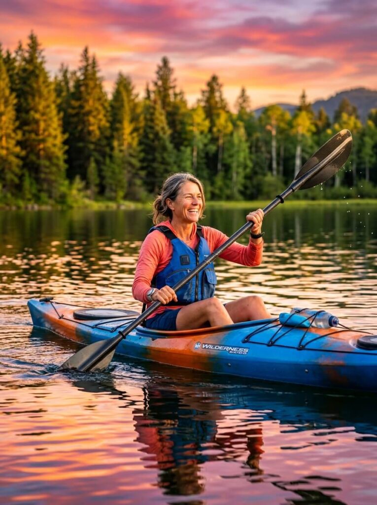 Healthy-smiling-woman-kayaking-on-a-serene-lake-at-golden-hour-demonstrating-restored-mobility-and-an-active-lifestyle-after-successful-spinal-pain-treatment viridian tx
