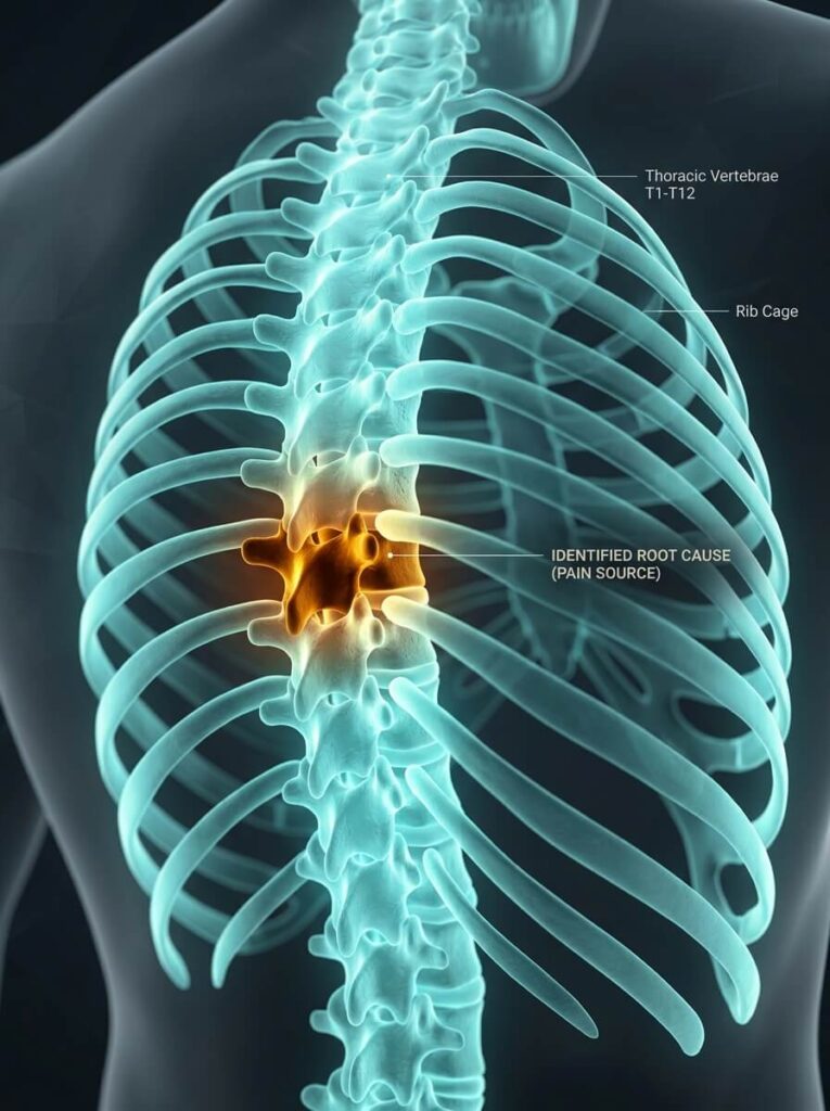 High-definition anatomical visualization of the thoracic spine and rib cage highlighting targeted root-cause diagnostics for mid-back pain