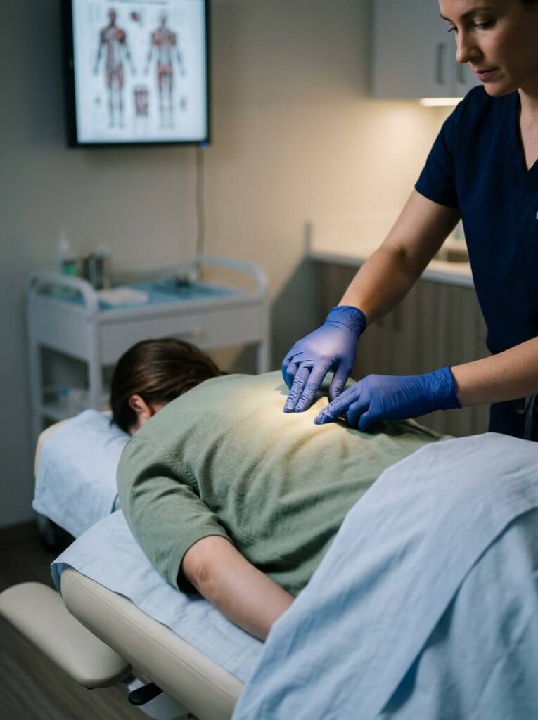 Pain management specialist gently examining the thoracic mid-back of a patient lying on a diagnostic table