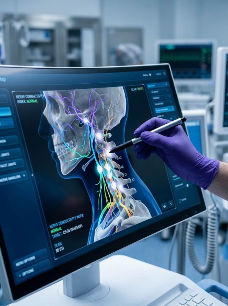 Interventional pain specialist analyzing a high-definition 3D cervical spine and nerve map on a diagnostic monitor to treat chronic headaches