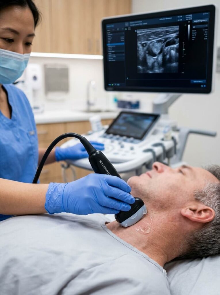 Interventional specialist performing a precise, ultrasound-guided diagnostic scan on a patient's neck for cervical pain relief