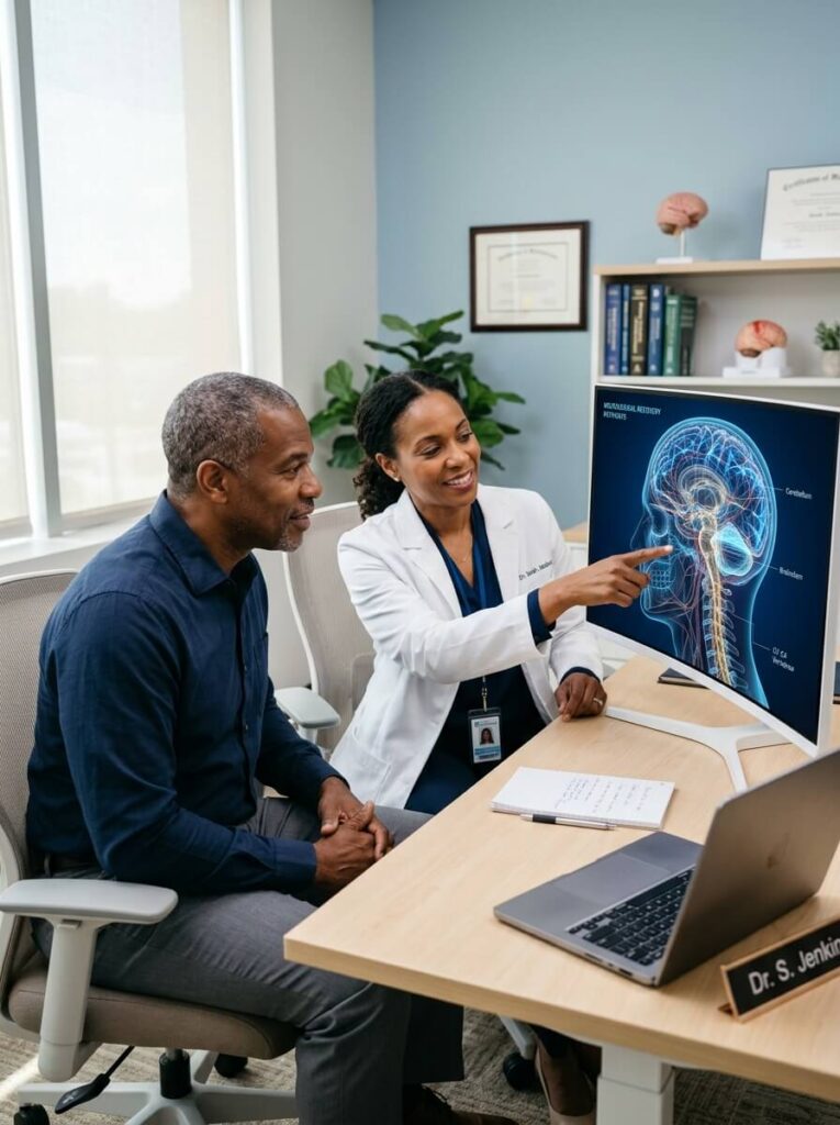 Pain management specialist and patient reviewing a glowing 3D digital model of the cervical spine and neural network during a neck pain consultation