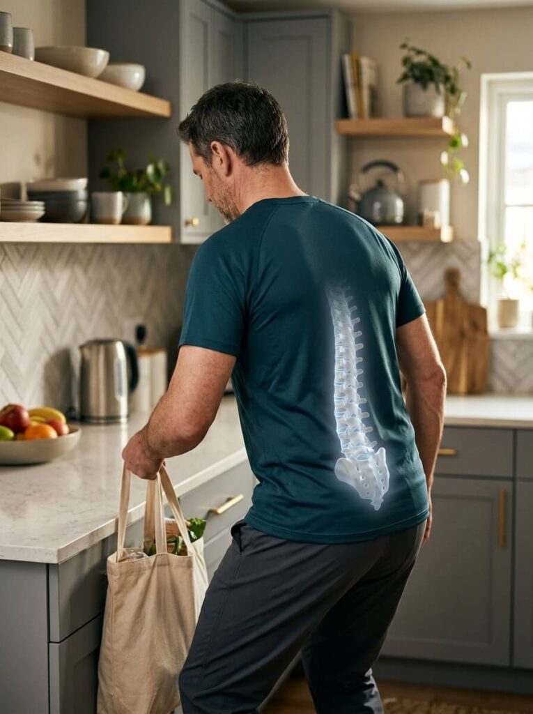 Middle-aged Caucasian man from behind, lifting a bag in a modern kitchen, with a subtle healthy spine overlay showing mobility