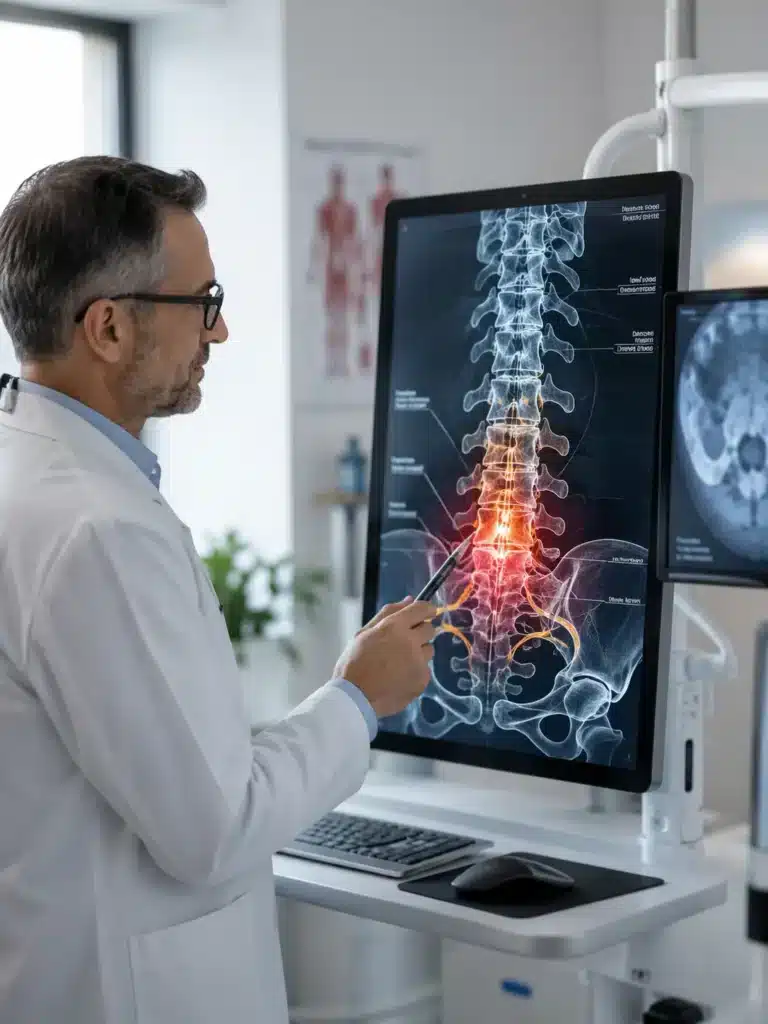 Doctor in a modern medical exam room examining a digital spine scan on a large monitor, with glowing inflammation visible in the lower back region and advanced diagnostic equipment nearby.