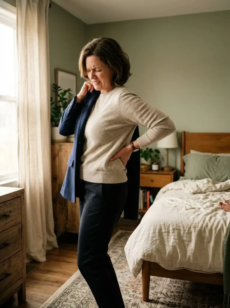 Middle-aged woman experiencing sharp mid-back and thoracic pain while trying to put on a jacket at home MANSFIELD tx