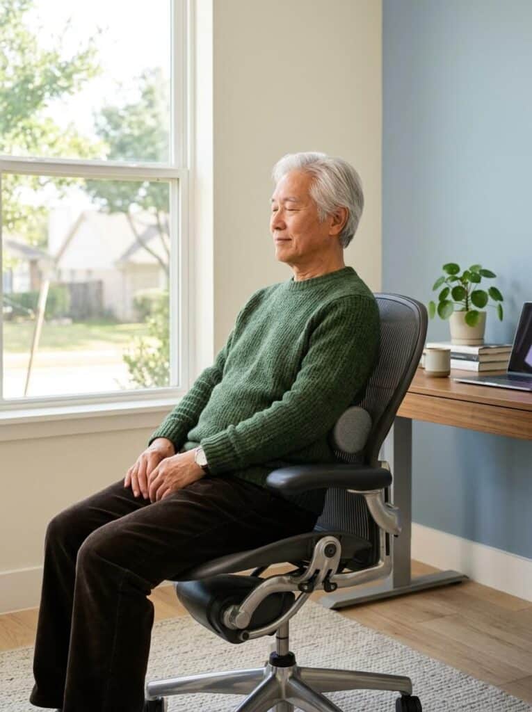 Elderly Asian man in green sweater relieving thoracic back pain with a foam roller in a clean, sunlit Richardson home office