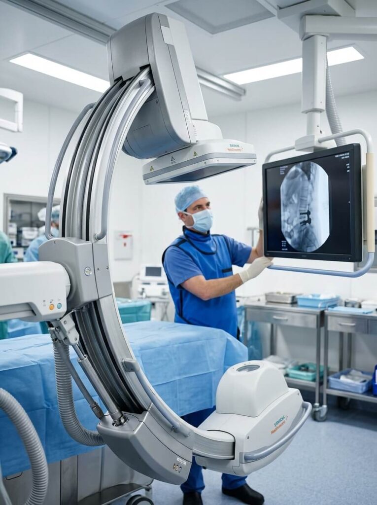Pain management doctor adjusting an advanced C-Arm fluoroscopy machine for mid-back pain diagnostics in a modern clinic.