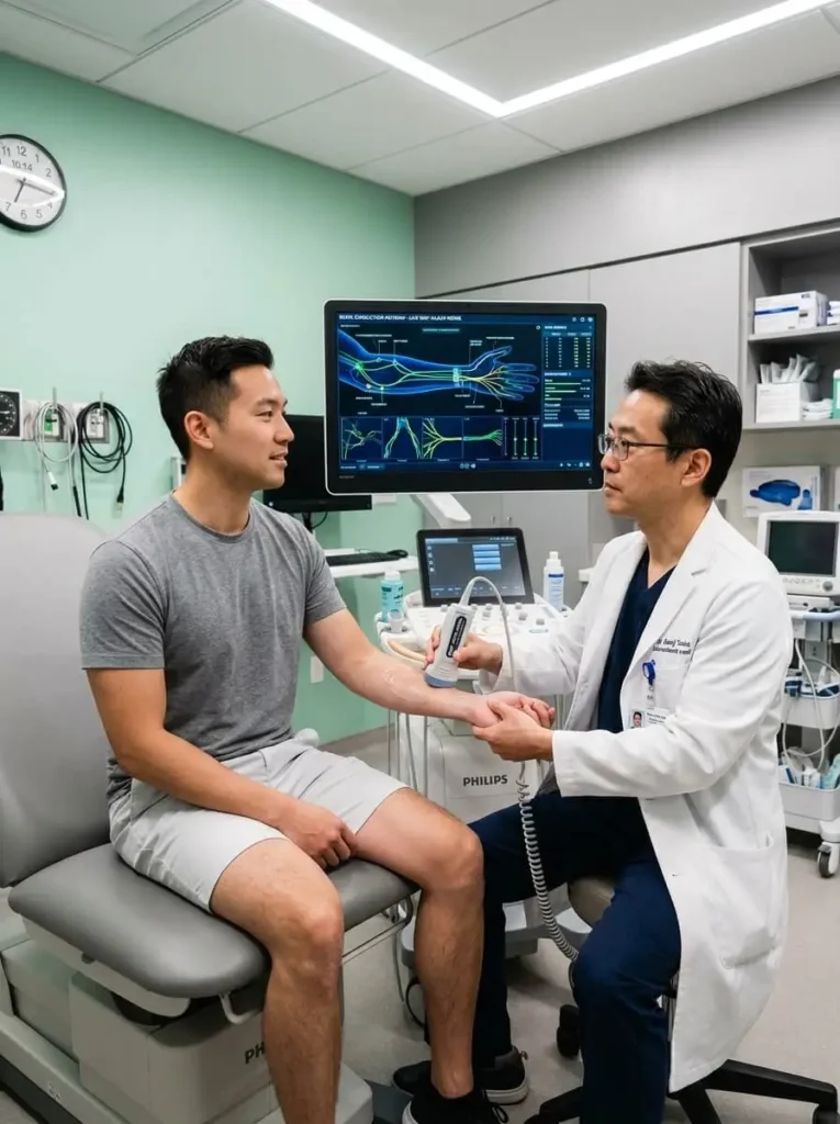 Pain-management-doctor-performing-an-advanced-diagnostic-ultrasound-on-a-patients-arm-to-accurately-identify-nerve-damage MANSFIELD, TX