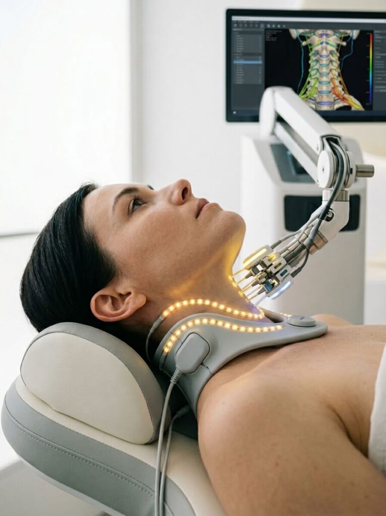 Patient fitted with a custom diagnostic collar while an advanced medical device performs high-definition nerve mapping on the cervical spine
