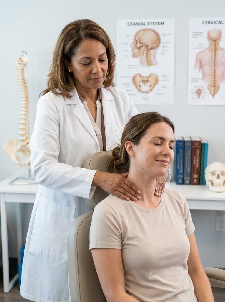 Patient on a bed with thoracic spine discomfort.