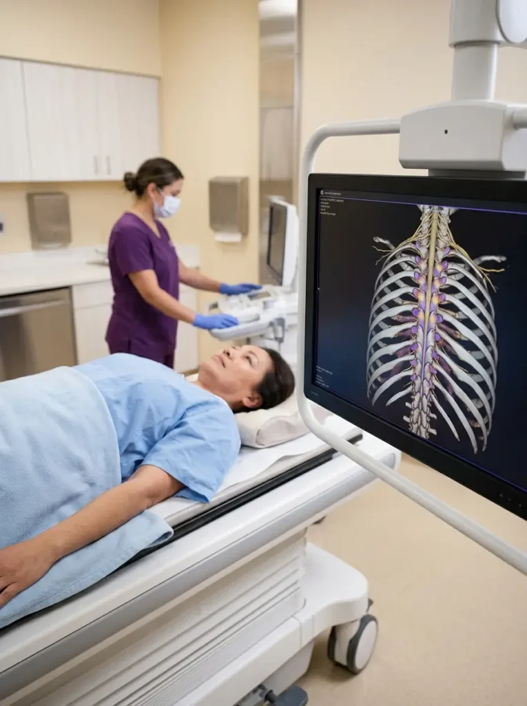 Patient relaxing during advanced 3D thoracic spine imaging and diagnostic nerve mapping in a modern Grand Prairie pain clinic