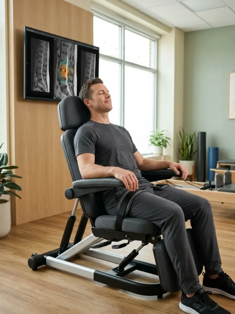 Patient relaxing in an ergonomic lumbar traction chair while a digital screen displays a high-definition spine MRI for pinpoint pain targeting