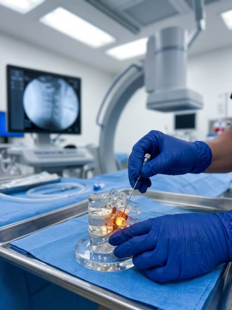 Close-up of a physician's hands demonstrating a precise, image-guided injection on a cervical spine model using a C-arm fluoroscopy machine